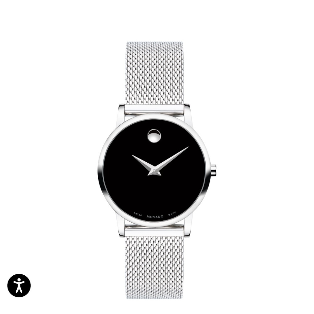 Movado Silver Mesh Watch with Black Dial